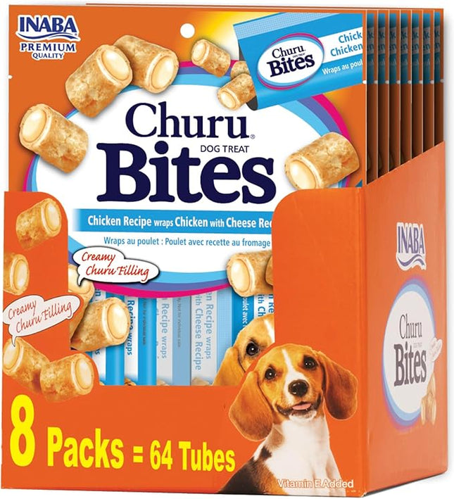 INABA Churu Bites for Dogs, Soft & Chewy Dog Treats with Vitamin E, 0.42 Ounces Each Tube, 64 Tubes Total (8 Tubes per Pack), Chicken with Cheese Recipe