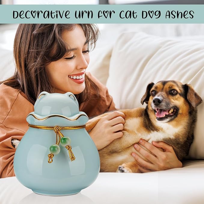 SOITIS Engraving Pet Memorial Urn for Cat or Dog Ashes - 3.54"x3.15" Elegant Ceramic Keepsake Holder with Cat-Shaped Lid & Gold Trim, Small Blue Urn for Pet Ashes