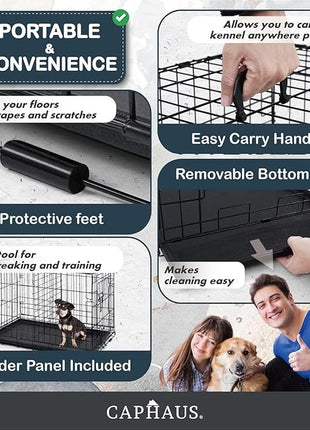 CAPHAUS Foldable Dog Crate Kennel w/Leak-Proof Pan & Divider Panel, Metal Crate, Small, Medium & Large Dog Crate Indoor Wire Cage, 42' w/Double Doors, Black