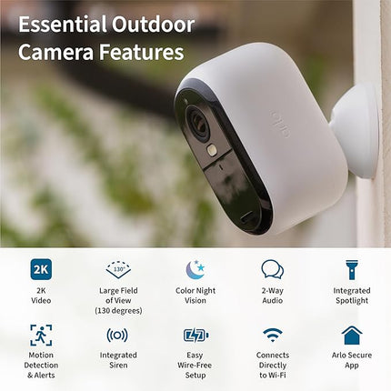 Arlo Essential Security Camera 2K | Outdoor-Indoor | 2nd Gen | Wireless with Spotlight, 2-Way Audio, Color Night Vision, Live Stream, Motion Activation, Real Time Notifications - White, 2 Camera