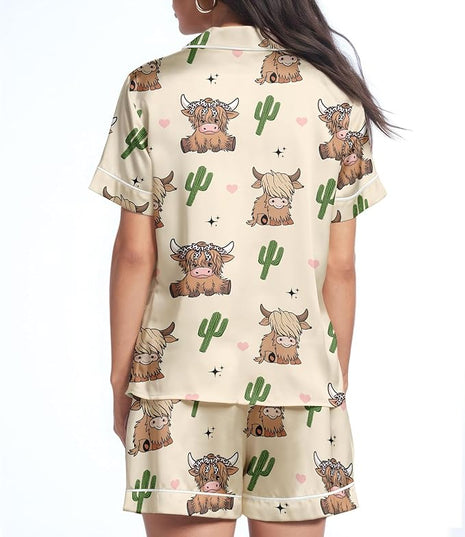 Women’s Silk Satin Pajama Set, Short Sleeve Button Down 2 Piece PJs with Shorts, Cozy Loungewear & Matching Holiday Pajamas