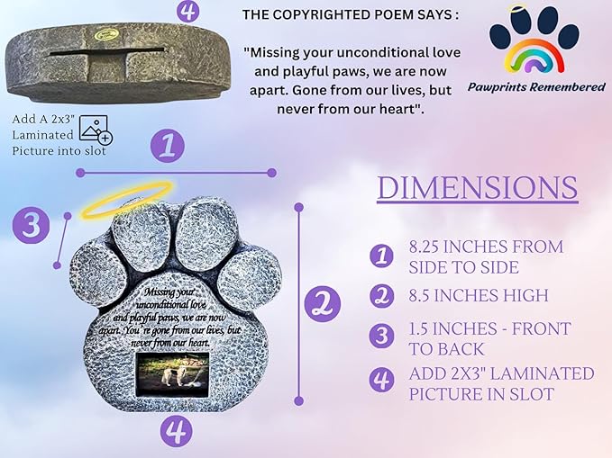 Pet Memorial Stone - Features a Paw Print Photo Frame and Sympathy Poem - Indoor Outdoor for Garden Backyard Marker Grave Tombstone - Loss of Pet Gift - Loss of Dog Gift