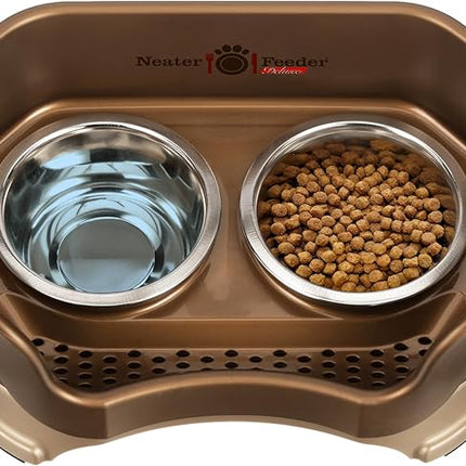 Neater Feeder Deluxe Mess Proof Cat Bowls Elevated for All Breeds – Made in USA – No Spill Raised Bowls for Indoor Cats – Stainless Steel Food and Water Bowl Set, Pet Dish Feeding Station, Bronze