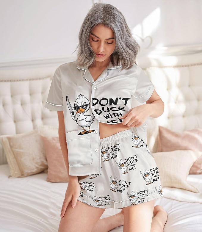 Women’s Silk Satin Pajama Set, Short Sleeve Button Down 2 Piece PJs with Shorts, Cozy Loungewear & Matching Holiday Pajamas
