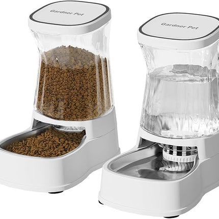 Automatic Pets Gravity Feeder and Water Dispenser Set, 1Gallon x 2 Stainless Steel Food Feeder and Waterer, 100% BPA-Free Water Bowl Dispenser for Small&Medium Dogs, Cats, Puppies(White)
