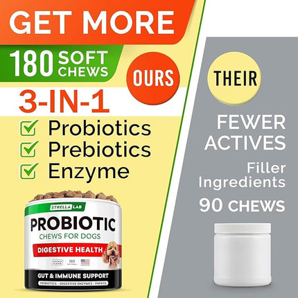 STRELLALAB Dog Probiotics Chews + Enzymes Gut Health Support - Anti Gas, Diarrhea and Upset Stomach Immune Supplement - Digestion Treats with Fiber (180Ct, Chicken)