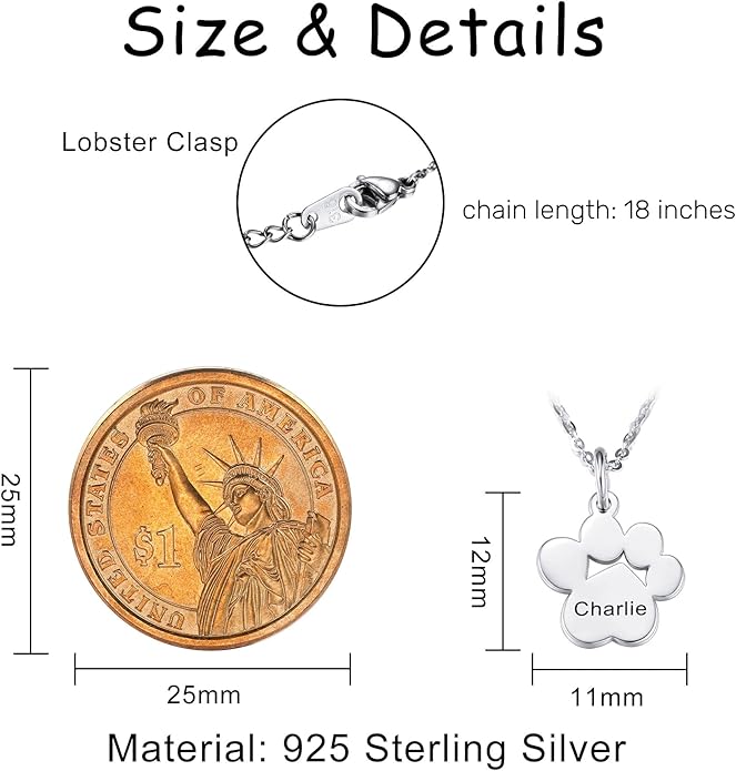 MeMeDIY Personalized Paw Print Necklace for Women Engraved Name Dog Paw Necklace Stainless Steel/925 Sterling Silver Paw Necklace Pet Memorial Necklace 1-4 Cat Paw Print Necklace
