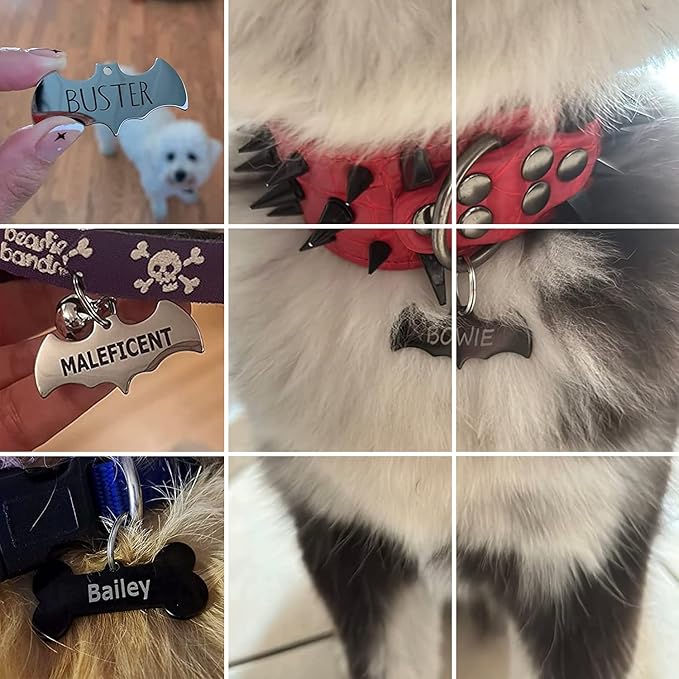 316 Surgical Grade Stainless Steel Personalized Dog & Cat ID Tags - Made with three thousand Love for Our Fur-baby - Original Funny Shapes Bat, Engraved Name or Text for Pet Collar Accessories