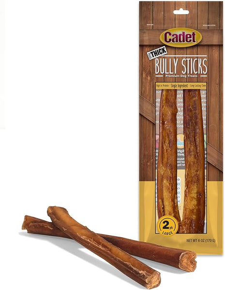 Cadet Bully Sticks for Large Dogs, All-Natural Beef Pizzle, Rawhide-Free Long-Lasting Dog Chews for Aggressive Chewers, Extra-Thick, 2 Count