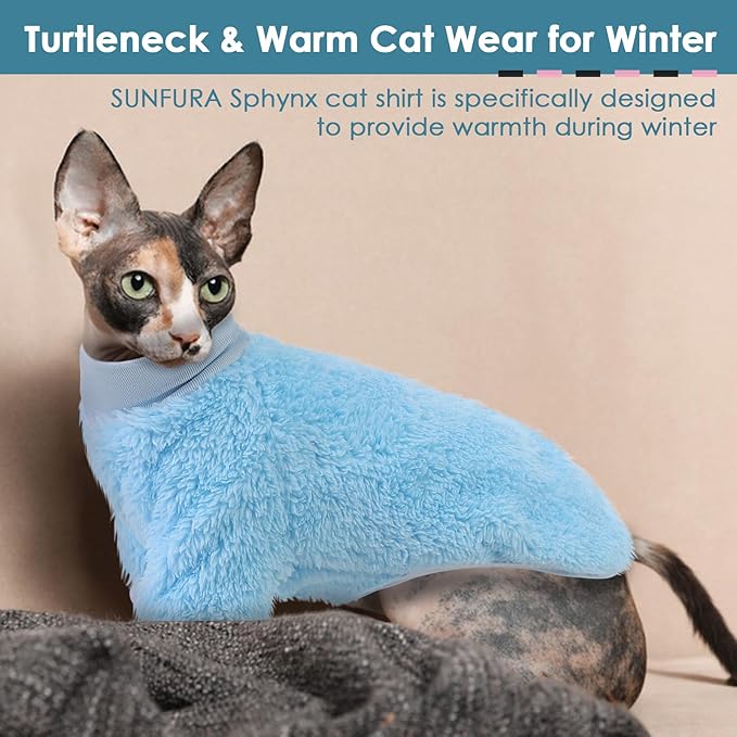 SUNFURA Sphynx Cat Sweater, Hairless Cats Turtleneck Pullover Kitten Sweaters for Cats Only, Warm and Soft Cat Pajamas Shirt with Sleeves Pet Winter Clothes Fleece Jumpsuit for Puppy, Blue L