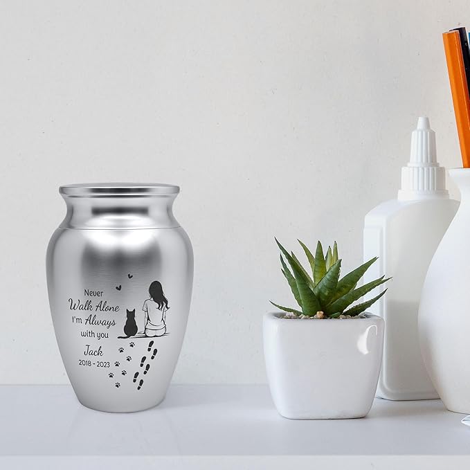 Artsy Woodsy Personalized Pet Memorial Cat Mini Urns Stainless Steel Decorative Keepsake Urns for Ashes 2.56 inch, Gifts for Cat Mom Dad Lovers Accessories in Loving Memory Loss (09, 2.56x1.77, Cat)