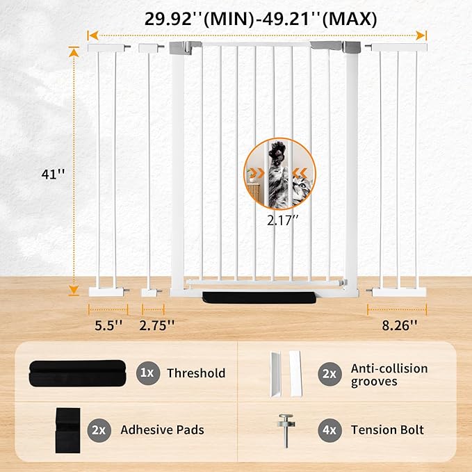 41" Tall Safety Pet Gate,Adjustable 29.92"-49.21" Wide,No Drilling Pressure Mount Kit,Auto Close Cat Gate Suitable for Stairs,Doorways,White (29.92"-49.21" W)