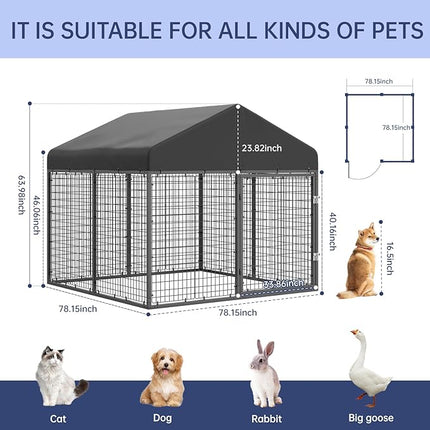 Large Outdoor Dog Enclosure,Heavy Duty Dog Cage with Roof,Galvanized Steel Dog Kennel Fence with Double Safety Locks(79”W x 79”D)