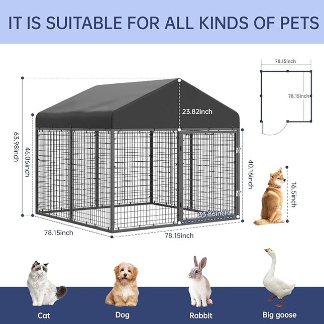 Large Outdoor Dog Enclosure,Heavy Duty Dog Cage with Roof,Galvanized Steel Dog Kennel Fence with Double Safety Locks(79”W x 79”D)