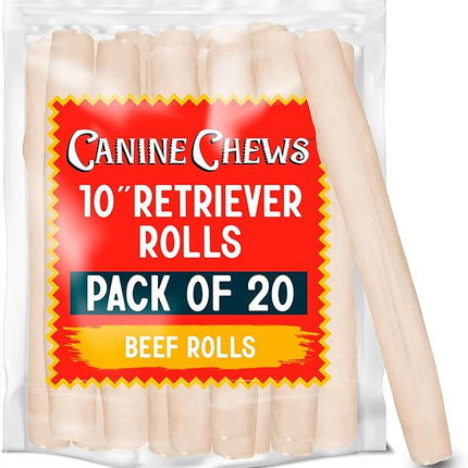 Canine Chews 10" Dog Rawhide Retriever Rolls - Bones for Large Dogs (20 Pack) - 100% USA-Sourced Natural Beef - Single Ingredient - Healthy Dental Chew