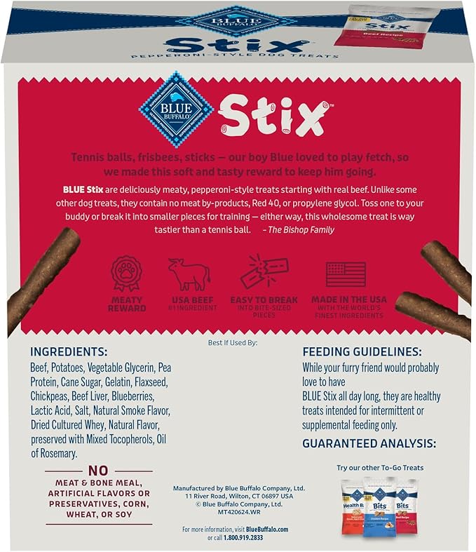 Blue Buffalo Stix Natural Soft Moist Dog Treats TOGO Beef Recipe, 1oz Bags, Pack of 12