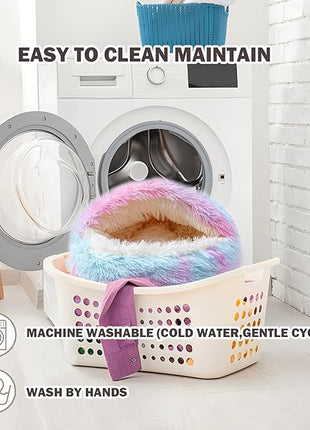 Cat Bed for Indoor Cats, Calming Cozy Cave with Self-Warming Plush, Entire Bed Machine Washable & Anti-Slip Base, Breathable Pet Bed for Small Cats&Dogs All Seasons (Dazzling Colors, 24 * 24inch)