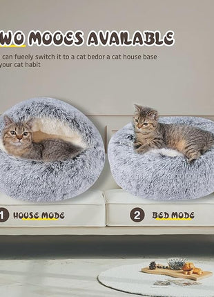Cat Bed for Indoor Cats, Calming Cozy Cave with Self-Warming Plush, Entire Bed Machine Washable & Anti-Slip Base, Breathable Pet Bed for Small Cats&Dogs All Seasons (Grey, 24 * 24inch)
