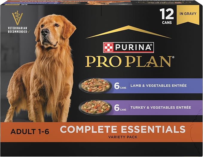 Purina Pro Plan Complete Essentials Wet Dog Food, Lamb and Vegetables and Turkey and Vegetables in Gravy Variety Pack - (Pack of 12) 13 oz. Cans