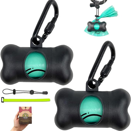 Dog Poop Pickup Bags Holder Dispenser with Standard-Sized Leak-Proof Scented Doggy Waste Bags and Carabiner with Safety Lock&Fastener Never Loose on Leash Lead Again (2 Holders 30 Bags, Black)