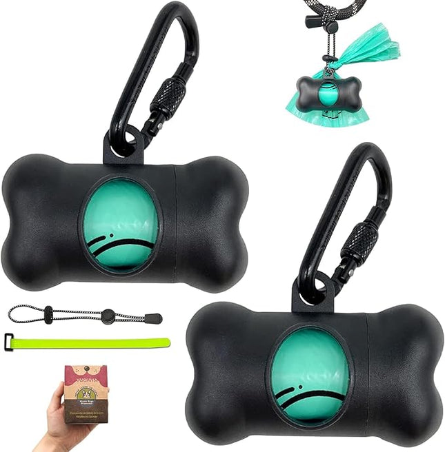 Dog Poop Pickup Bags Holder Dispenser with Standard-Sized Leak-Proof Scented Doggy Waste Bags and Carabiner with Safety Lock&Fastener Never Loose on Leash Lead Again (2 Holders 30 Bags, Black)