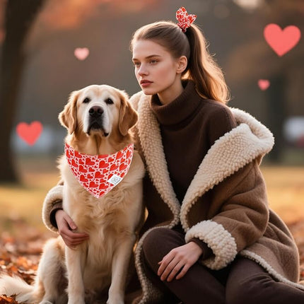 E-Clover Valentines Heart Dog Bandanas & Matching Scrunchie Set Cute Girl Dog Scarf Bibs Pet Bandana with Bow Tie for Small Dogs Puppy Owner Mom Red Pink