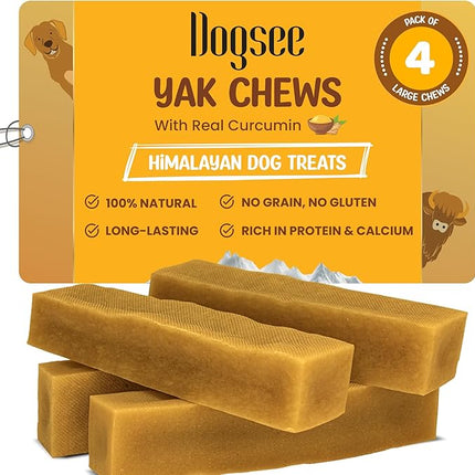 Dogsee Himalayan Yak Chews with Turmeric/Curcumin (Medium - 4 Chews) | Yak Chews for Large Dogs | Dog Treats | Helps Joint Pain | Rawhide-Free