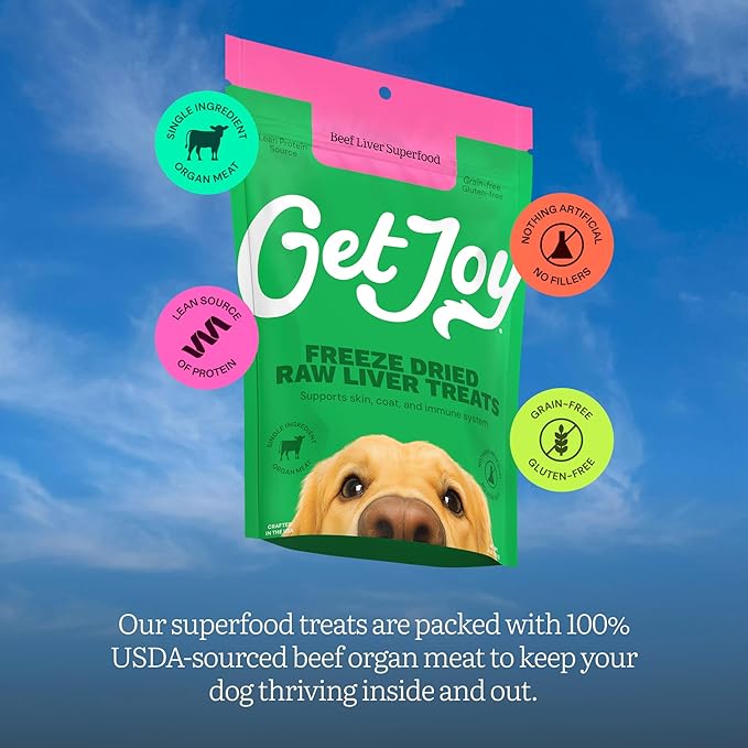 Get Joy Freeze Dried Superfood 100% Beef Liver Dog Treats, 4 Ounce Bag (Pack of 3), Single Ingredient Organ Meat, High Protein, Vision, Skin & Coat Health, Grain Free, Gluten Free, Made in USA