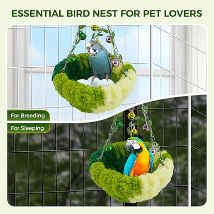 Bird Nest with Bell for Cage,Plush Hanging Bird Bed for Parakeet Indoor & Outdoor,Breeding Bird House for Conure,Budgie,Cockatiel,Lovebird,Canary,Finch,Hamster,Small Pets,Warm Nest,Green S