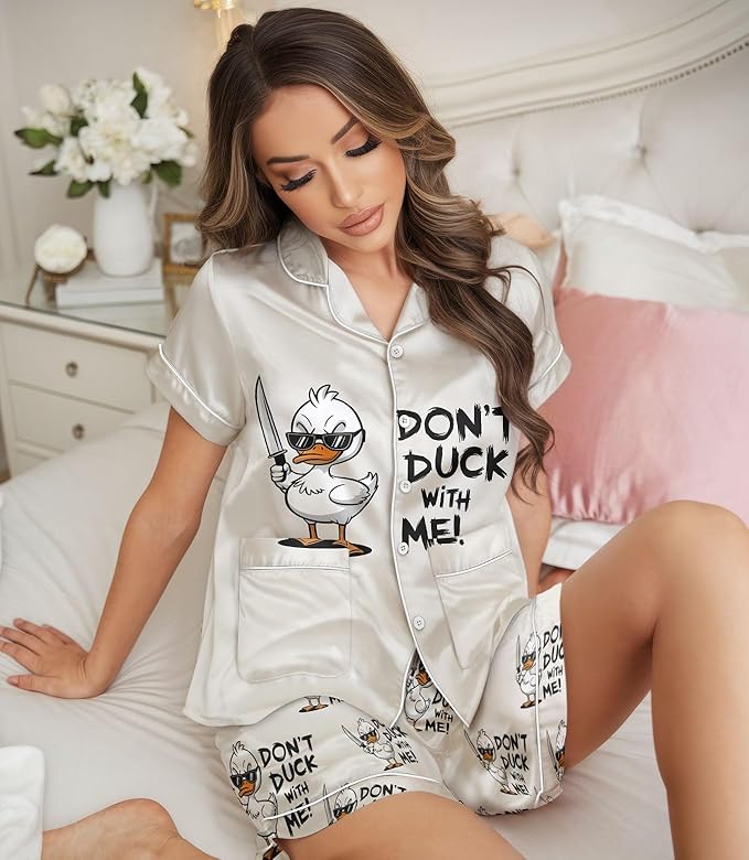 Women’s Silk Satin Pajama Set, Short Sleeve Button Down 2 Piece PJs with Shorts, Cozy Loungewear & Matching Holiday Pajamas