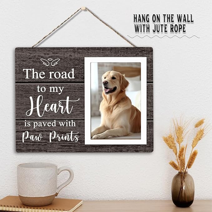 Pet Picture Frame, Pet Wooden Photo Frames Gift, Gifts for Dog Dad Mom, Dog Lovers Gift, Picture Frame for Dogs Cat Pets that Passed, The Road To My Heart Is Paved With Paw Prints, 4x6Inch Photo