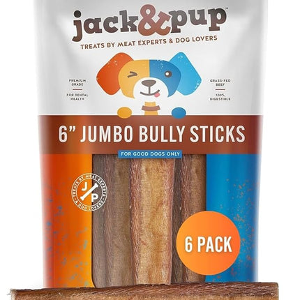 Jack&Pup 6-inch Jumbo Bully Sticks (6 Pack) Single Ingredient, Extra Thick Pizzle Sticks for Dogs | Longest Lasting Bully Sticks for Medium to Large Dogs