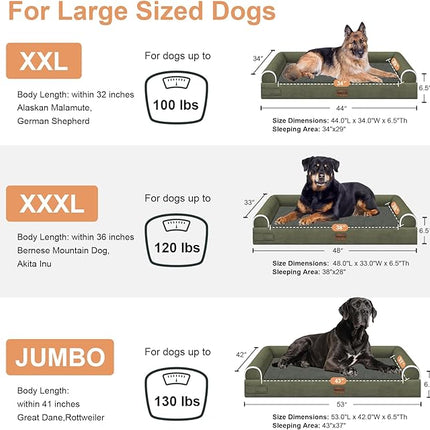 Large Dog Bed Orthopedic Washable: Beds Bolster XL Bed Large Big Dogs Memory Foam Couch Sofa Waterproof with Removable Cover - Dark Green