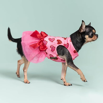 Fitwarm Pink Heart Tulle Dog Dress, Fancy Valentines Outfit for Small Dogs Girl, Festive Pet Clothes, Pink, Red, XS