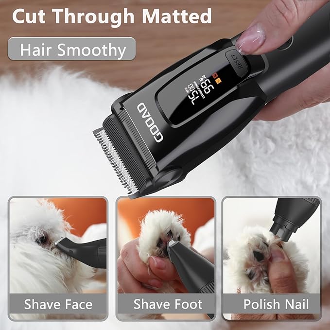 Dog Clippers for Grooming Heavy Thick Hair & Coats, 7500rpm Low Noise Cordless Pet Shaver, Dog Grooming Kit with Paw Trimmer Nail Grinder for Small Large Dogs