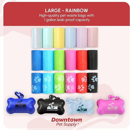 Downtown Pet Supply Poop Bags for Dogs with Dispenser, 2200 Count - Leak-Proof Dog Waste Bags and Bone-Shaped Dog Poop Bags Holder for Leash - Rainbow of Colors, 12.5" x 8.5"
