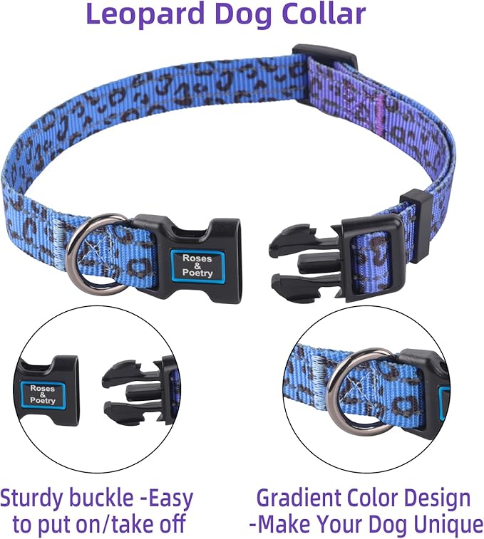 Roses&Poetry Dog Collars for Medium Dogs, Leopard Print Puppy Collar Adjustable Nylon Pet Collar Durable Reflective for Small Medium Large Dogs(Violet-Leopard M)