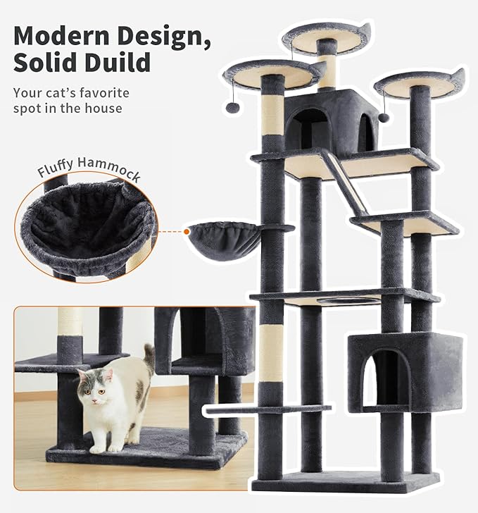 Made4Pets Tall Cat Tree, 80" Cat Tree Tower for Indoor Cats Large Adult, Modern Cat Tower with Scratching Post, Cozy Hammock, 3 Perches and 2 Condos, Sturdy and Fluffy, Dark Gray