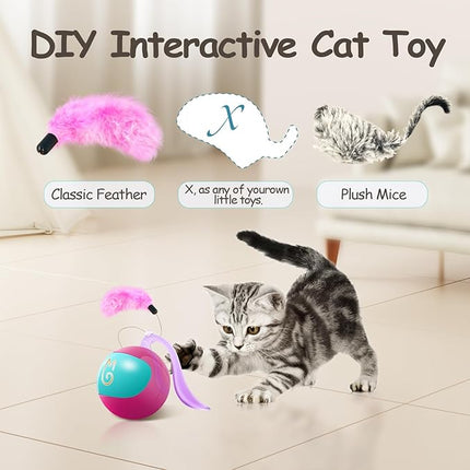 Migipaws Interactive Cat Ball Toy Set, Fun Tracker, Automatic Rolling Chase Ball with Fluffy Tail, A Small Mice, Rechargeable (Rose)
