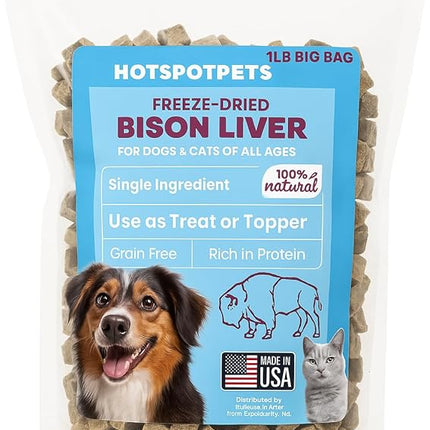 hotspot pets Freeze Dried Bison Liver Treats for Cats & Dogs - 1 Pound Big Bag,Made in USA, Single Ingredient All Natural, Grain-Free Bison Liver - Perfect for Training, Topper or Snack