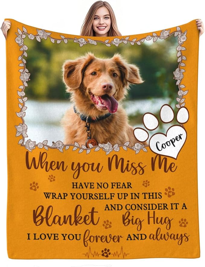 Custom Pet Memorial Blanket with Photo,Personalized Dog/Cat Loss Sympathy Gift,Pet Loss Bereavement Remembrance Gifts,Flannel Throw Blanket with Pictures (Orange)