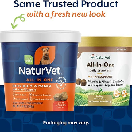 NaturVet All-in-One Dog Supplement - for Joint Support, Digestion, Skin, Coat Care – Dog Multivitamins with Minerals, Omega-3, 6, 9 – Wheat-Free Vitamins for Dogs – 60 Soft Chews