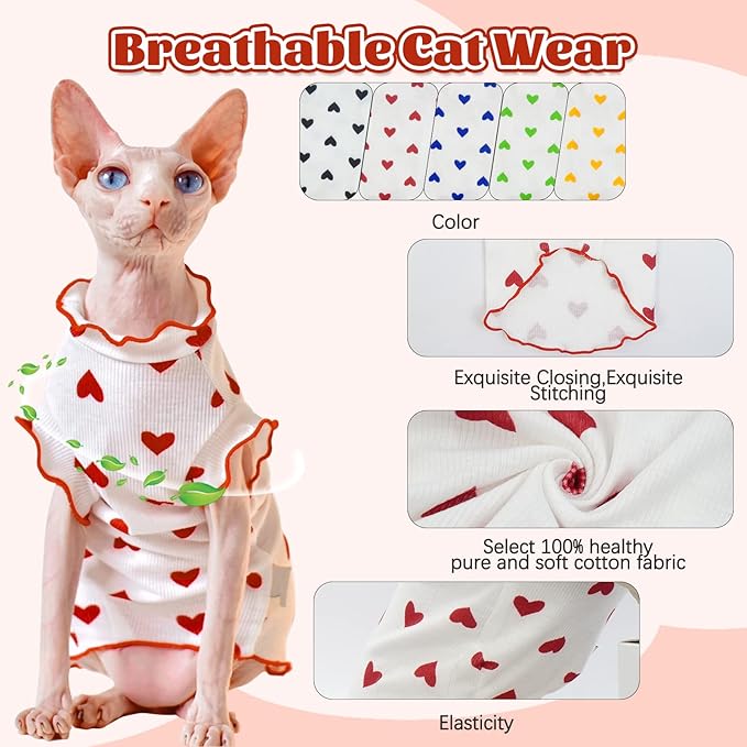 DENTRUN Heart Pattern Sphynx Hairless Cats Shirt, Kitten T-Shirts with Perlin Sleeves, Breathable Cat Wear Cute Sweater Adorable Hairless Cat's Clothes Vest Pajamas Jumpsuit