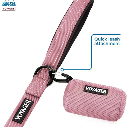 Best Pet Supplies Dog Poop Bag Holder Leash Attachment with 15 Bags, Pink, Reusable Mesh Dispenser Pouch for Travel, Walking, Park, and Outdoor Use, Soft and Durable with Clip-On