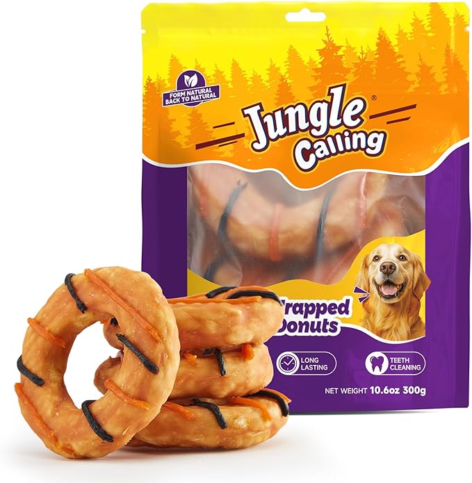 Jungle Calling Dog Treats, Long Lasting Collagen Chews for Dogs, Chicken Wrapped Collagen Donuts, High Protein Rawhide Alternative Chewy Snacks for Medium and Large Dogs (4 Counts)