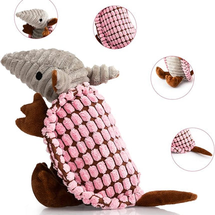 Hollypet Plush Dog Squeaky Toy Stuffed Armadillo Animal Pet Puppy Chew Toys with Clean Teeth for Small Medium Large All Breed Sizes Dogs, Pink, 8 in