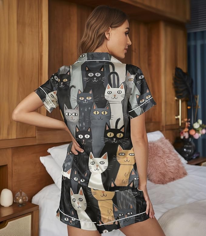 Women’s Silk Satin Pajama Set, Short Sleeve Button Down 2 Piece PJs with Shorts, Cozy Loungewear & Matching Holiday Pajamas