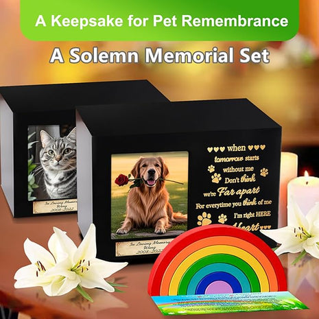 Wooden Rainbow Bridge Keepsakes Pet Urns, Handcrafted Dog/Cat Pet Urn, A Memorial Solemn Set, Pet Ashes Box with Photo Frame, Poem, Personalized Name Tag,Flannel Bag,Pet Sympathy Remembrance Gift