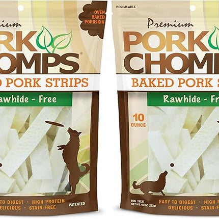 Pork Chomps Baked Pork Skin Dog Chews, 4-inch Strips, 10oz Bag (Pack of 2)