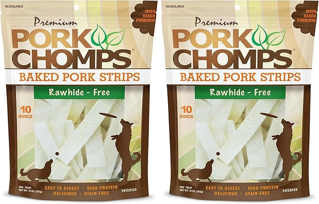 Pork Chomps Baked Pork Skin Dog Chews, 4-inch Strips, 10oz Bag (Pack of 2)